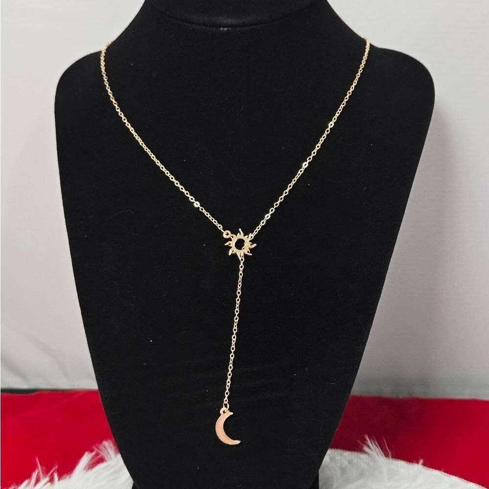 Gold Sun & Moon Lariat Necklace | Celestial Moon Phase Pendant Stainless Steel